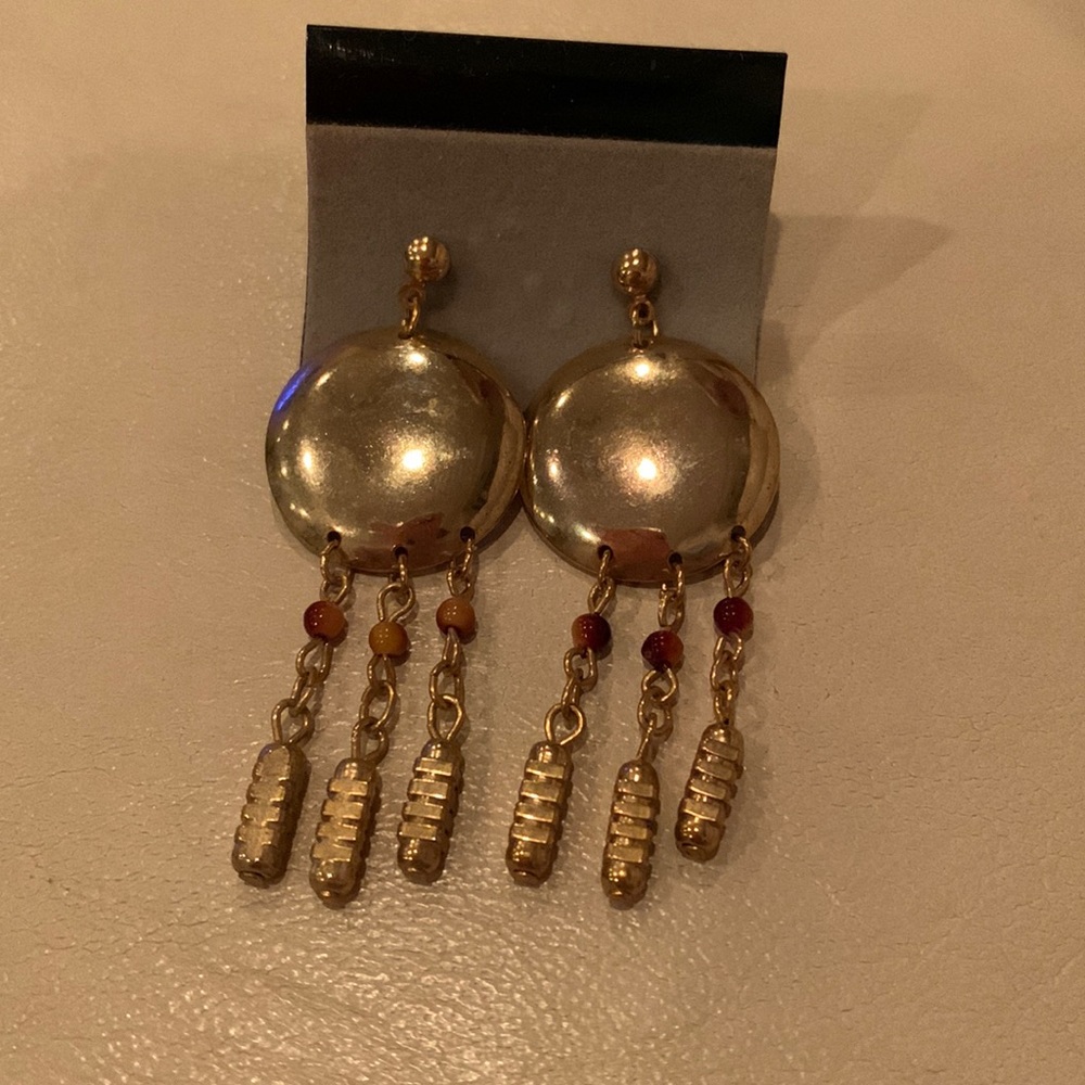 NEW Gold tone drop earrings with brown/gold beads
